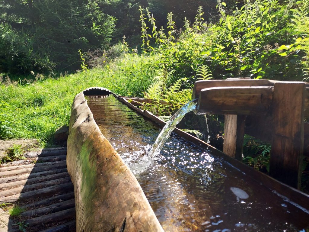 une fontaine en bois avec une rigole au-dessus du bassin sur le chemin vers la cascade de la Serva