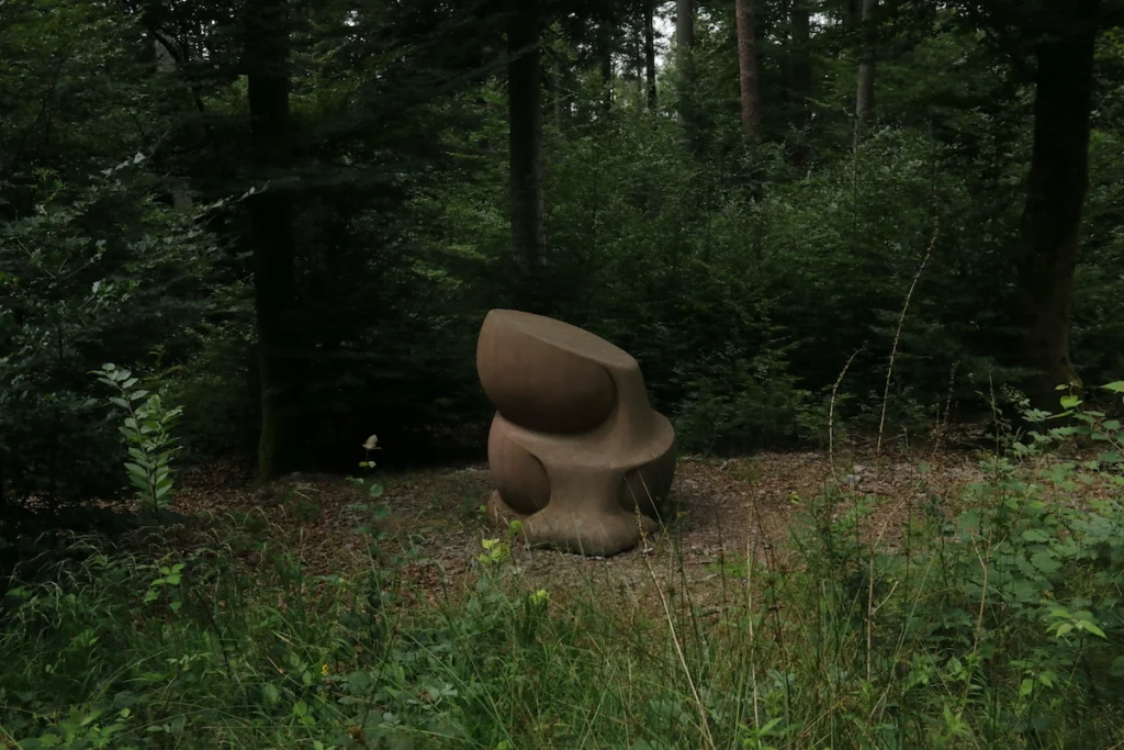 Vue en lumière diffuse de l’œuvre “Fluid Stone” d’Agnessa Ivanova Petrova : deux coupes de pierre imbriquées, sculptées en grès ressemblant à un flux d’eau, posées sur un socle naturel au milieu d’un sous-bois.